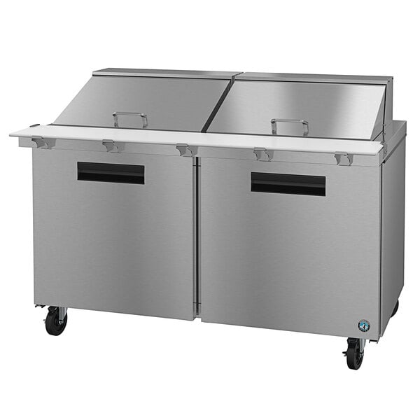 A Hoshizaki stainless steel refrigerated sandwich prep table with two doors.