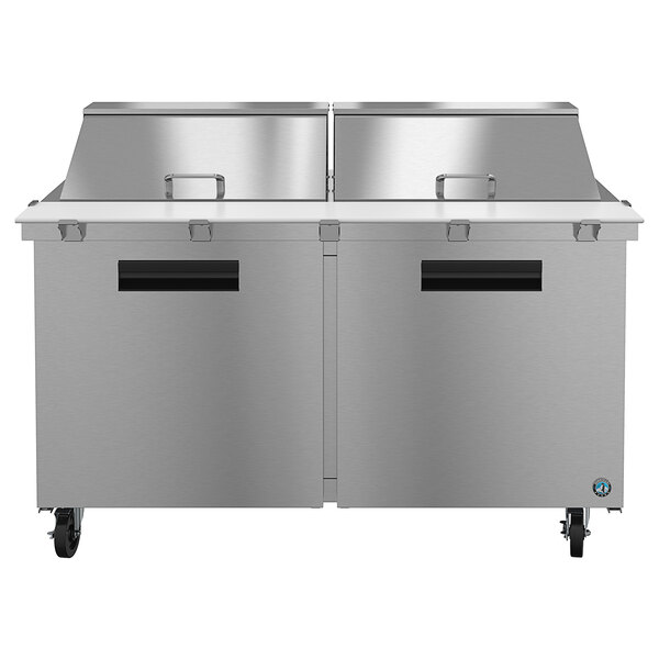 A Hoshizaki stainless steel refrigerated sandwich prep table with two doors.