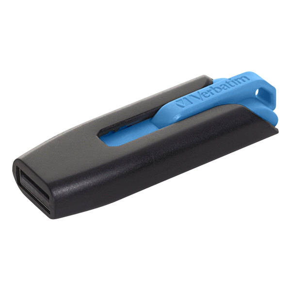 A close up of a Verbatim Store 'n' Go V3 black and blue USB flash drive with a blue handle.