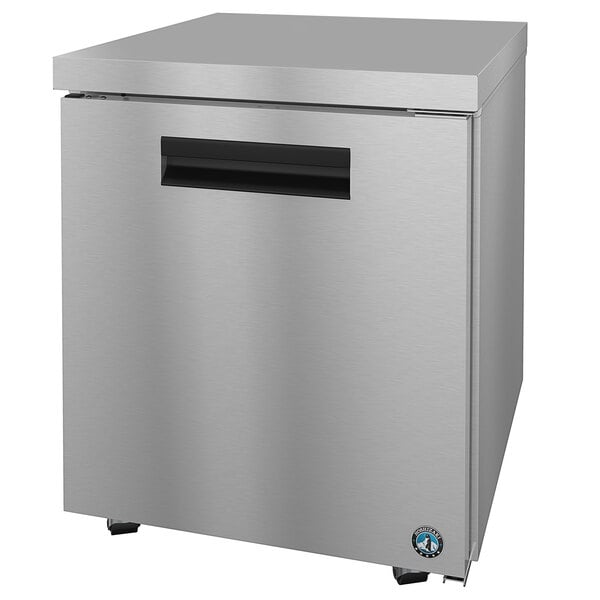 A stainless steel Hoshizaki undercounter refrigerator with a black handle.