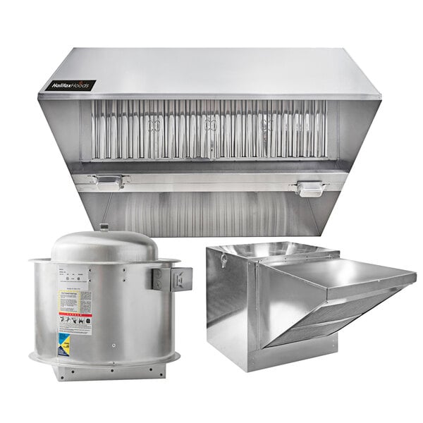 A stainless steel Halifax commercial kitchen conveyor pizza oven hood system over a large metal object with a vent.