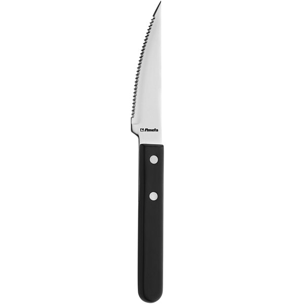 An Amefa jumbo steak knife with a black plastic handle.