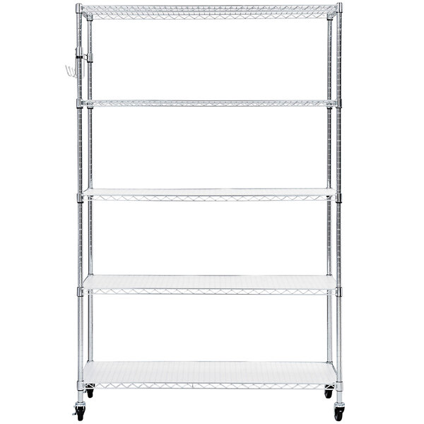 An Alera silver steel wire shelving unit on wheels.