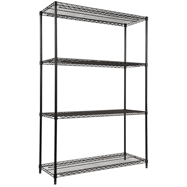 A black steel wire shelving unit with four shelves.