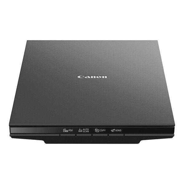 A black Canon CanoScan LiDE300 photo and document scanner on a white background.