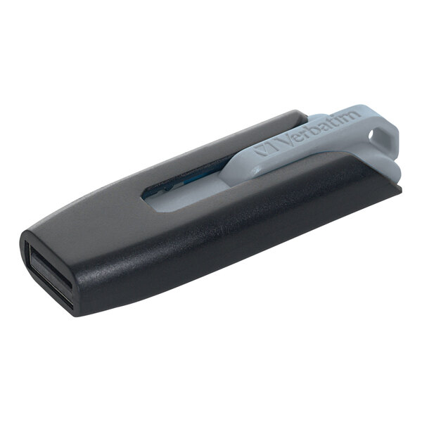 A black and gray Verbatim Store 'n' Go V3 USB flash drive with a silver clip.