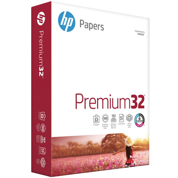 A white box of HP Inc. Premium32 32lb paper with text and images of a girl.