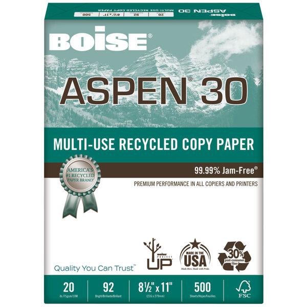 Boise 054901 Aspen 30 8 1 2 X 11 White Case Of 20 Multi Use Recycled Paper 5000 Sheets 10 Case