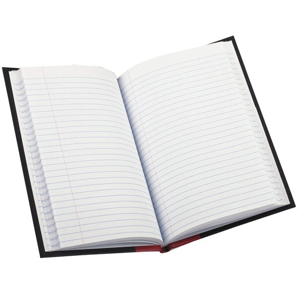 A close-up of the black Boorum & Pease record/account notebook with lined pages.