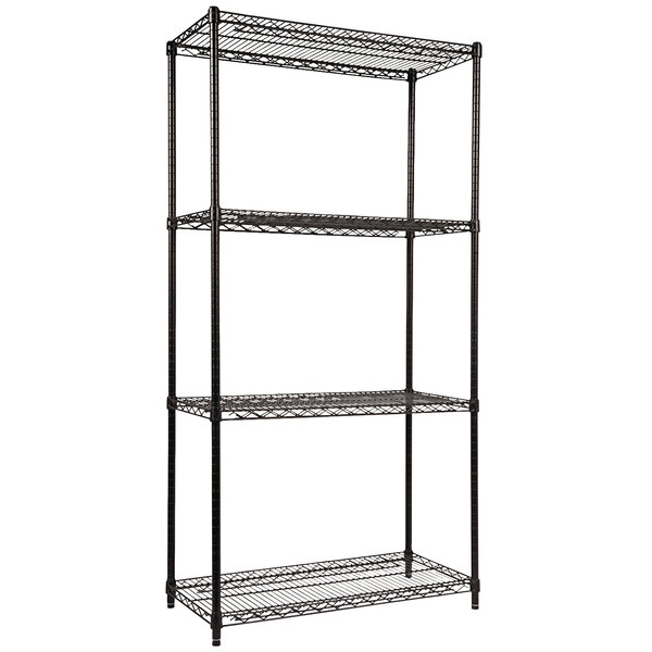 A black metal Alera wire shelving unit with four shelves.
