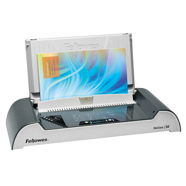 A Fellowes Helios thermal binding machine with a blue and yellow logo.