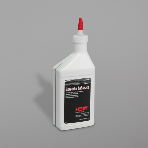 A white bottle of HSM shredder oil with a red cap.