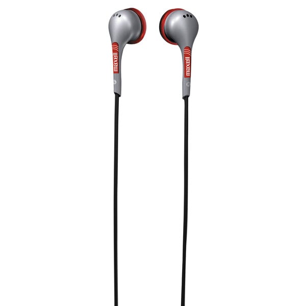 Maxell silver stereo earbuds with red accents