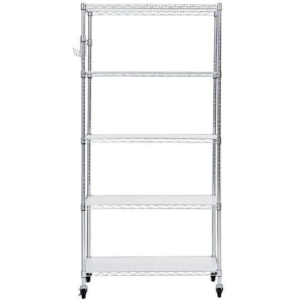 A silver metal Alera mobile wire shelving unit with four shelves and wheels.
