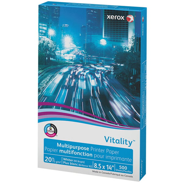 A white box of Xerox Vitality print paper with a blue and white label.