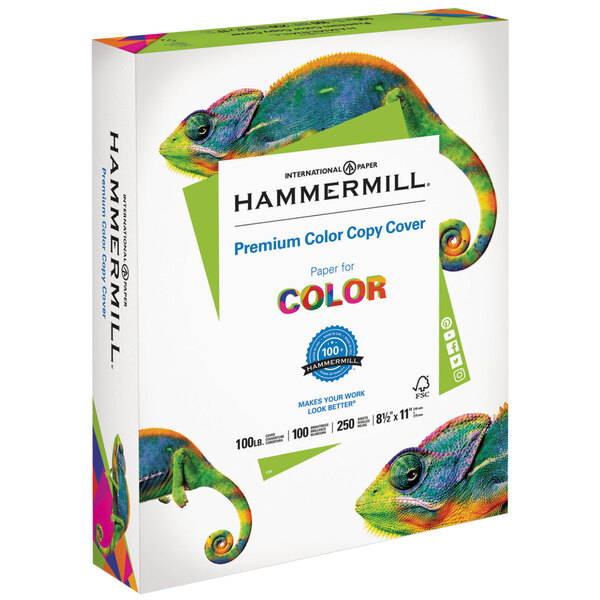 A white box of Hammermill Premium color copy paper with colorful chameleons on it.