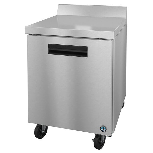 A stainless steel Hoshizaki worktop freezer on wheels.