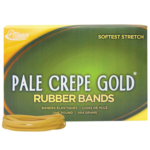 A box of Alliance Pale Crepe Gold rubber bands.