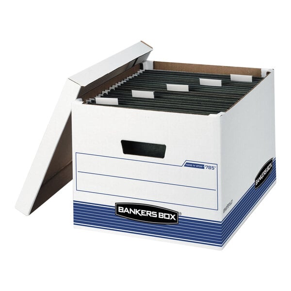 A white and blue Banker's Box storage box with a removable lid, containing hanging file folders for letter or legal documents.