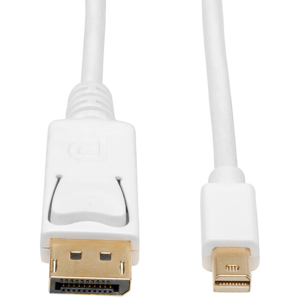 A white Tripp Lite Mini DisplayPort to DisplayPort adapter cable with gold connectors.