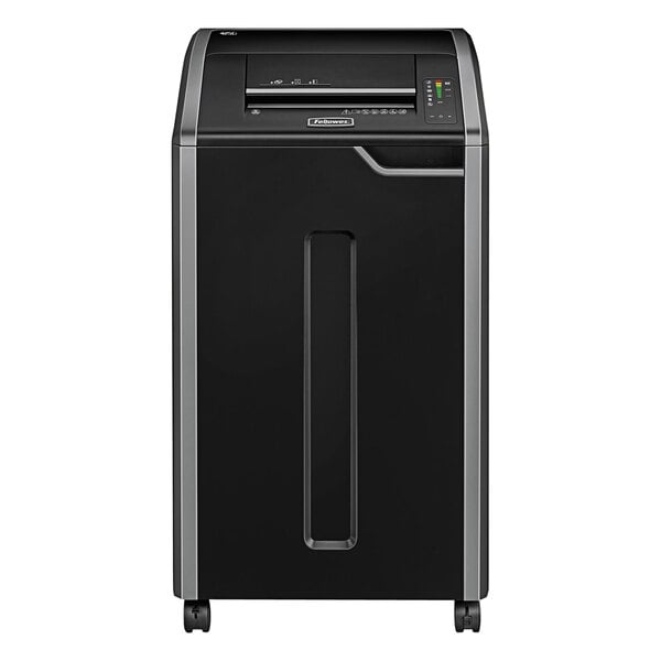 A black and silver rectangular Fellowes cross-cut shredder.