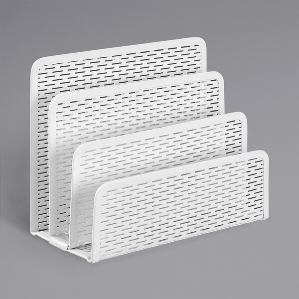 A white punched metal 3 section letter sorter.