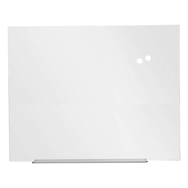 A Universal white frameless glass whiteboard with two holes in it.