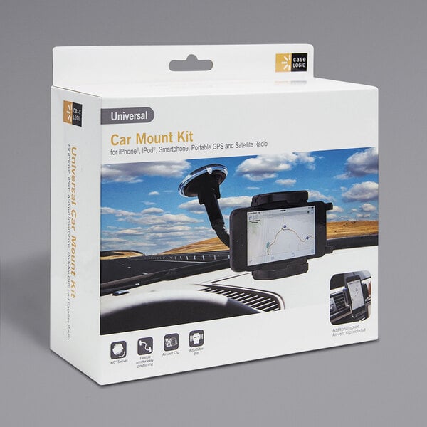 A Case Logic car mount kit for phones, GPS, and satellite radio in black packaging.