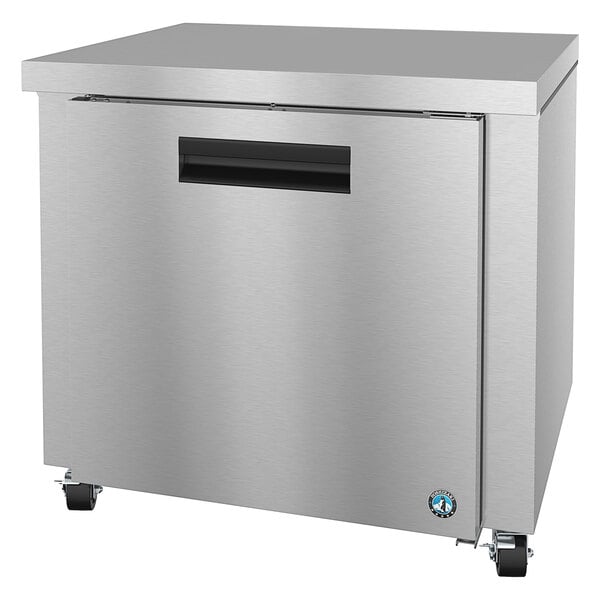 A silver stainless steel Hoshizaki undercounter refrigerator with a black handle.