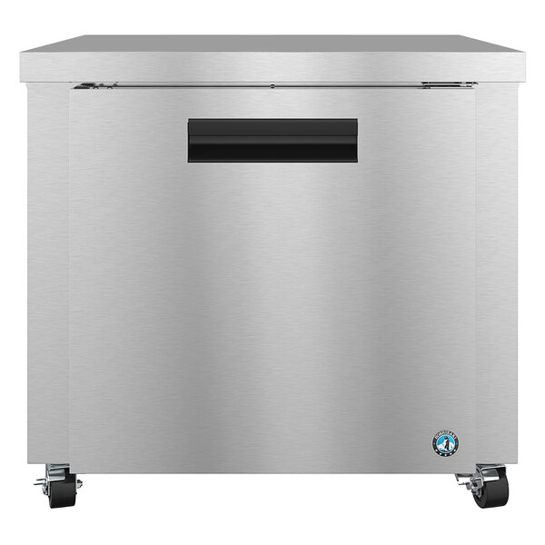 A silver stainless steel Hoshizaki undercounter refrigerator with a black handle.