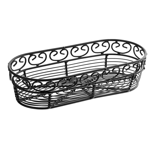 A Tablecraft black metal basket with swirls.