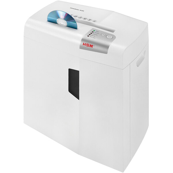 A white HSM ShredStar X20 shredder with a blue disc on top.