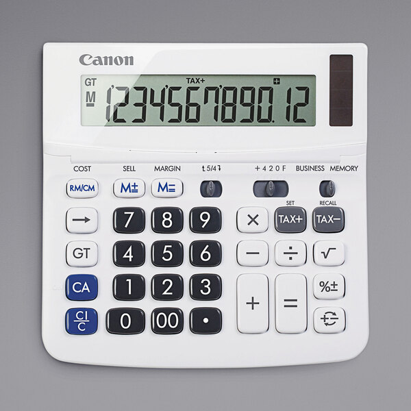 A white Canon 12-digit portable display calculator.