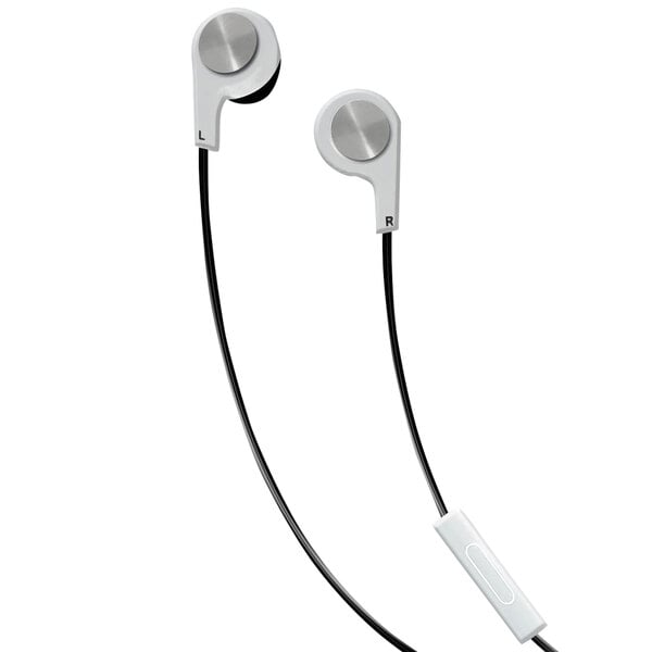 Maxell white earbuds with a black cable and silver accents.