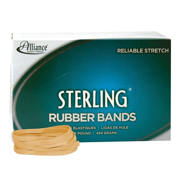 A box of Alliance Sterling rubber bands with white text on a blue background.