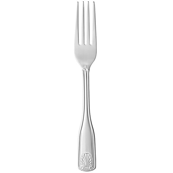 A World Tableware Coquille stainless steel utility/dessert fork with a silver design on the handle.