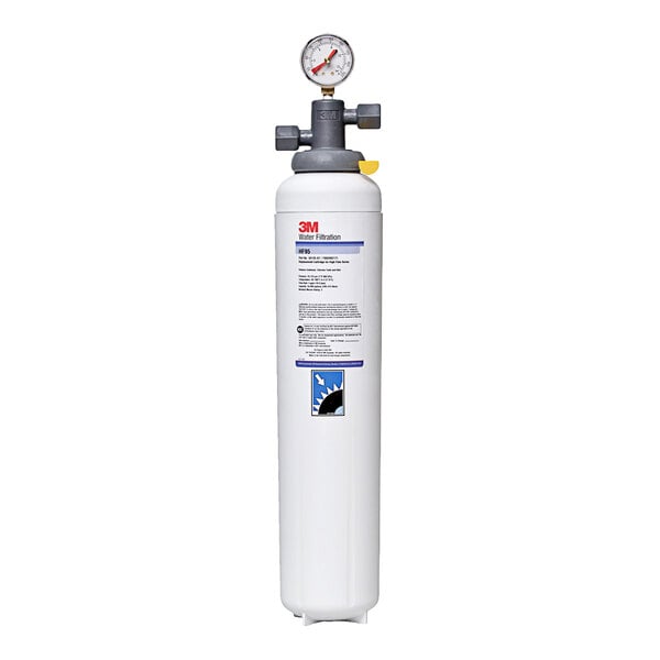 A white 3M Water Filtration System container with black text and a gauge.