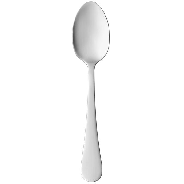 A Libbey stainless steel teaspoon with a white handle and silver spoon.