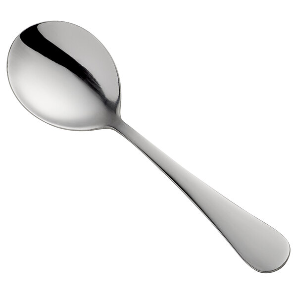 A Libbey stainless steel bouillon spoon with a silver handle.