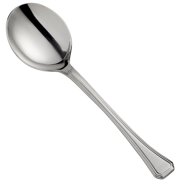 A Libbey stainless steel bouillon spoon with a long handle.