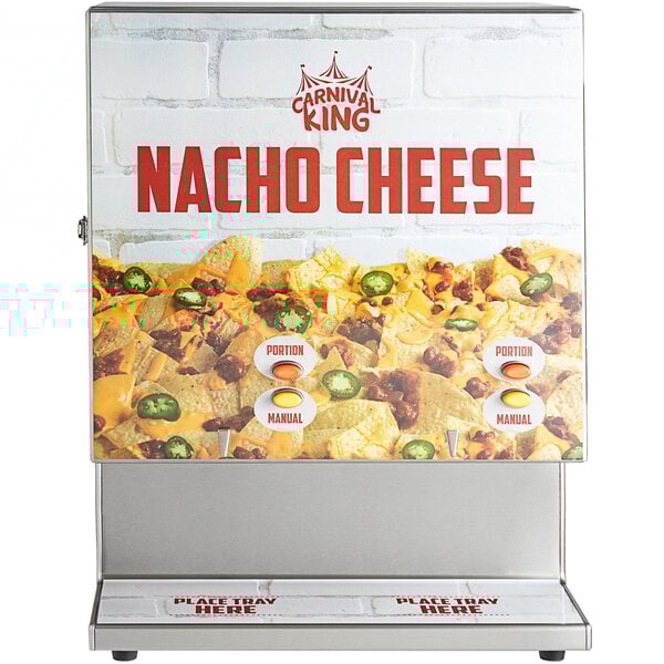 A Carnival King dual peristaltic cheese sauce and chili dispenser on a counter with a sign that says "Nacho Cheese" and a picture of nachos.