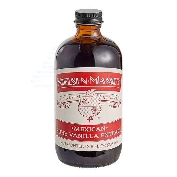 A bottle of Nielsen-Massey Mexican Vanilla Extract with a white label.