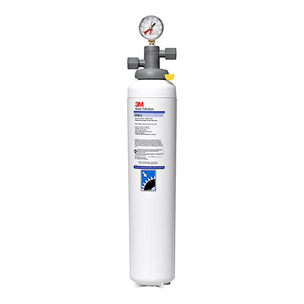 A white 3M water filtration system with black and blue text and a gauge on top.