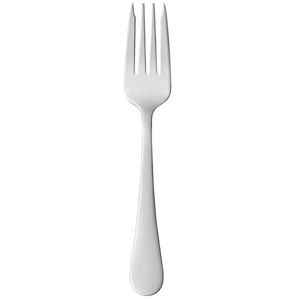 A silver fork with a white handle.