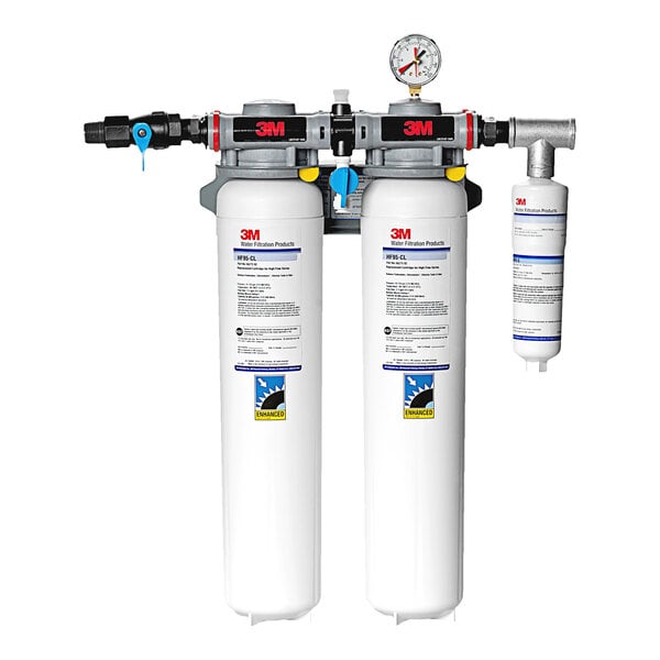 A 3M High Flow water filtration system with two white cylinders and blue labels.