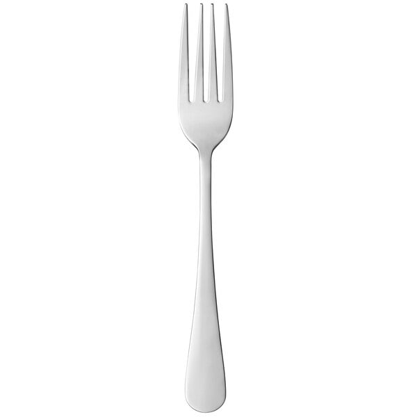 A silver fork with a white handle.