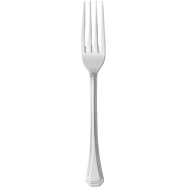 A close-up of a Libbey stainless steel dinner fork with a silver handle.