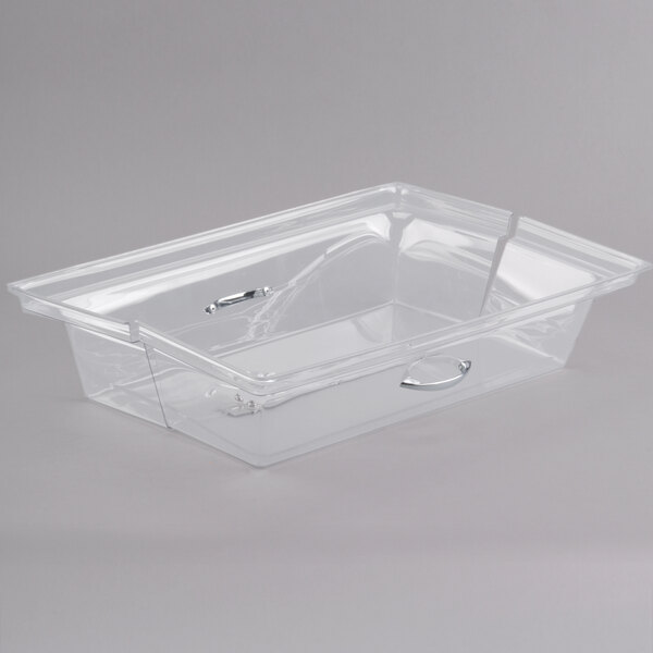 A clear plastic rectangular tray cover with long hinges.