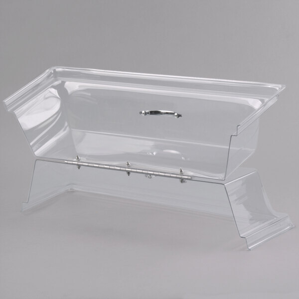A clear plastic tray cover with a long hinge.