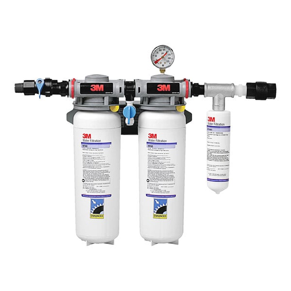 A 3M water filtration system with two filters and a gauge.